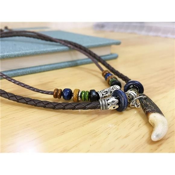 Men Leather Necklace Vintage Tribal Style Boho Hipppie Double Layered Braided - Picture 7 of 7